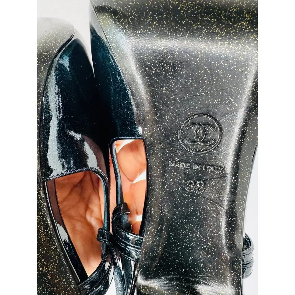 Vintage Chanel Forest Green Patent Slingback Pumps Heels CC Logo Size IT 38